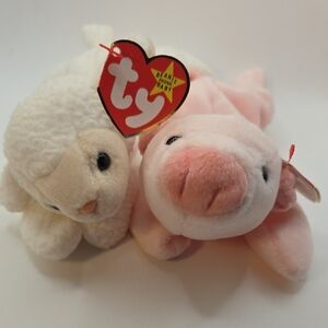 Ty Beanie Babies Spring Pair Squeeler The Pink Pig 1993 + Fleece The White Lamb